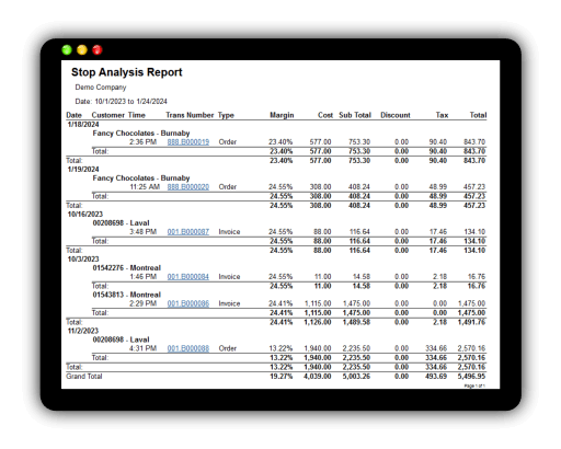 Computer screen displaying a stop analysis report with financial data.