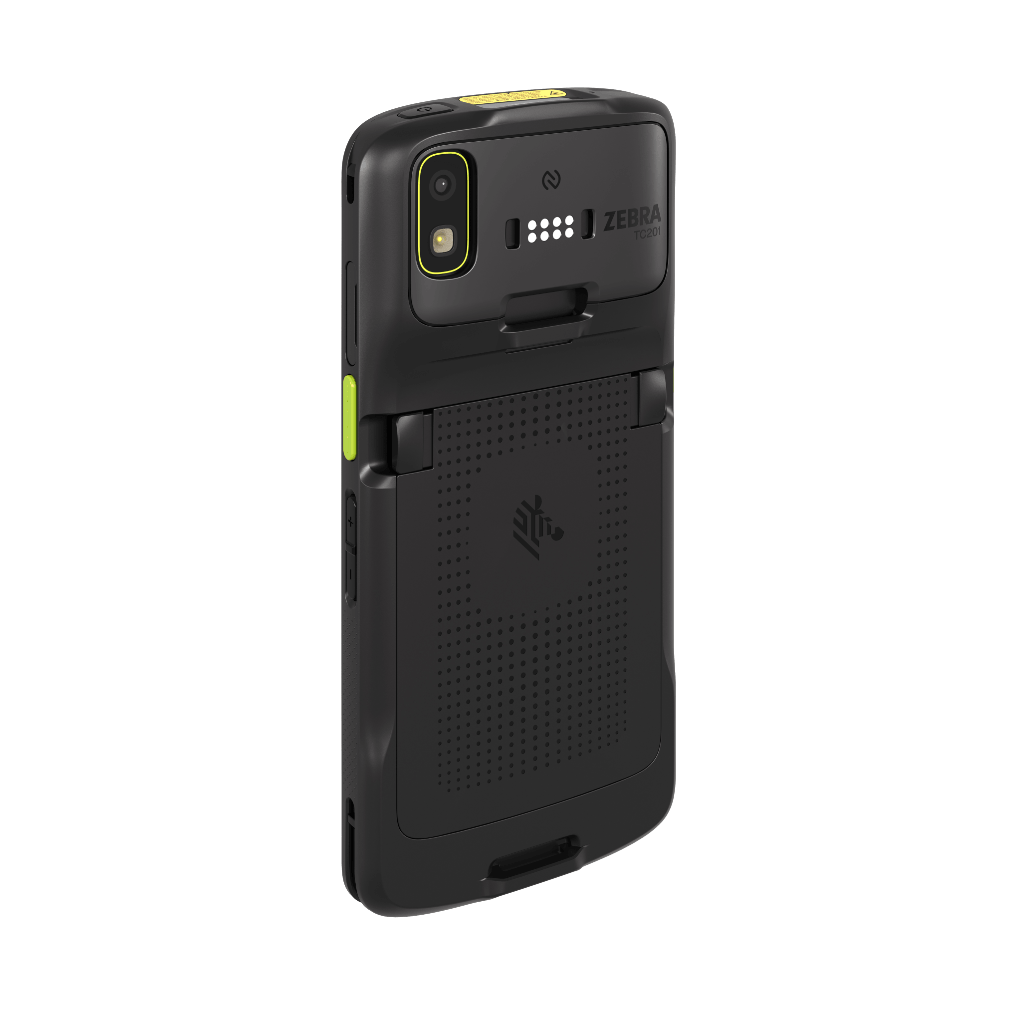 A rugged Zebra TC201 handheld mobile terminal with a built-in kickstand, featuring a bright lime green button on the side and a top camera cutout.