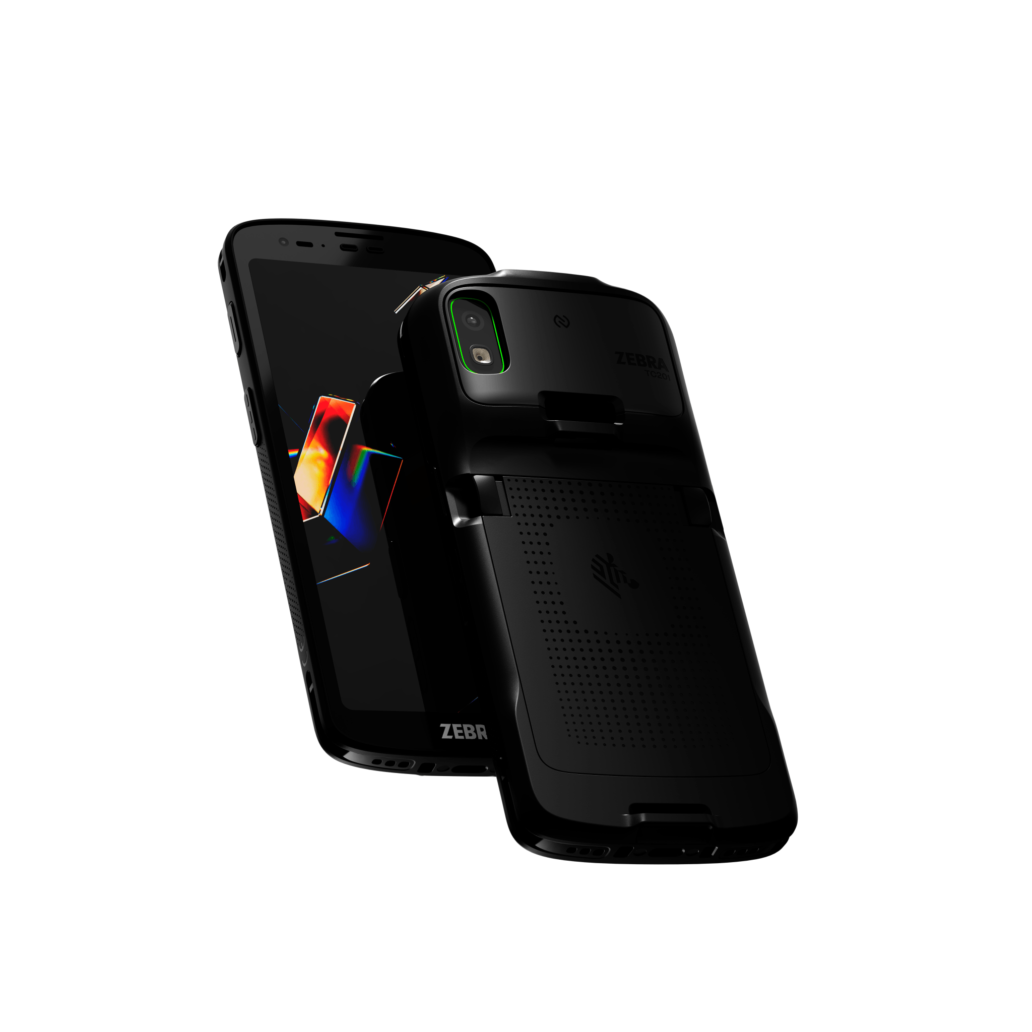 Zebra TC201 rugged smartphone with a built-in battery pack, shown from the front and back.