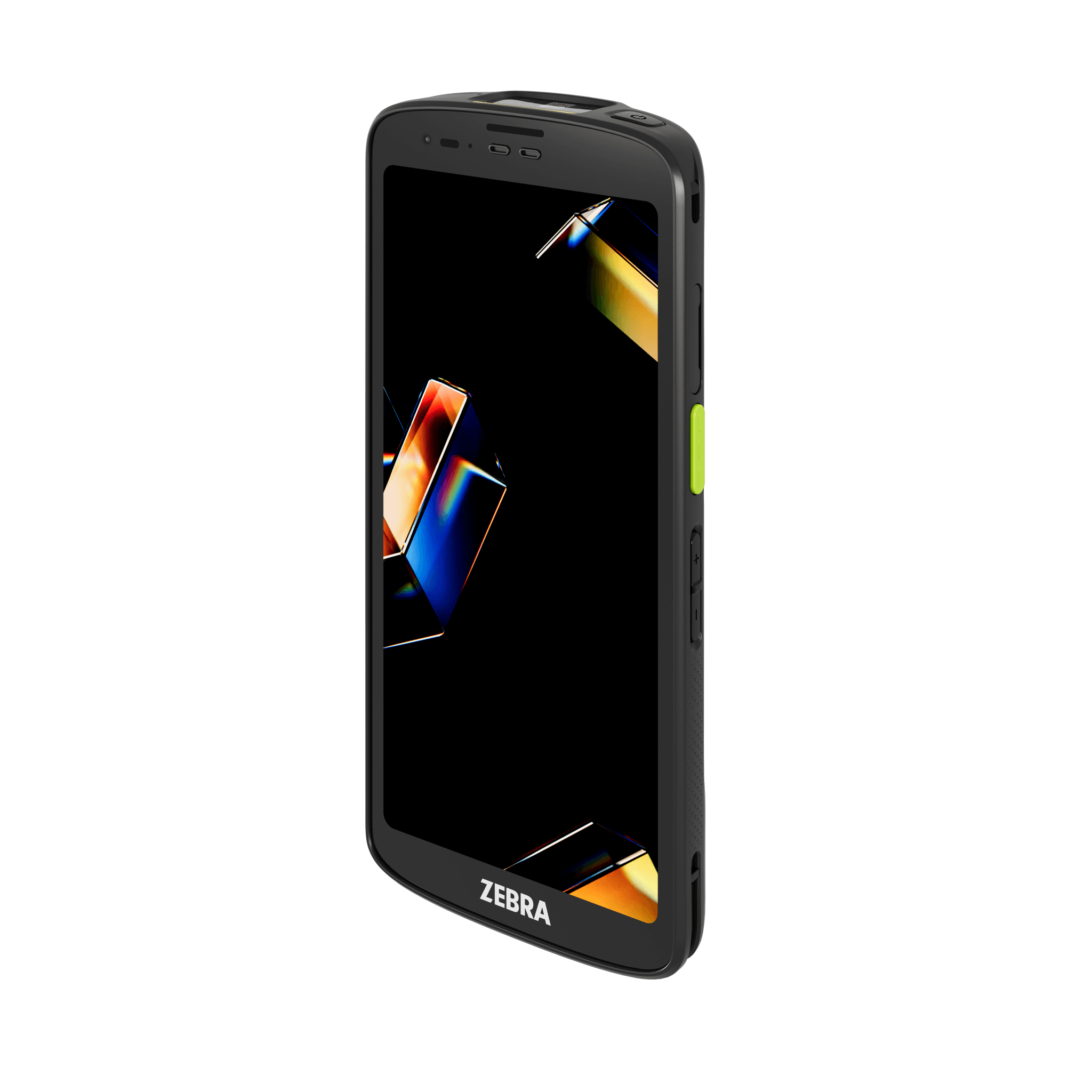 A rugged Zebra TC201 mobile computer, front left, with a bright display showing a colourful abstract wallpaper.