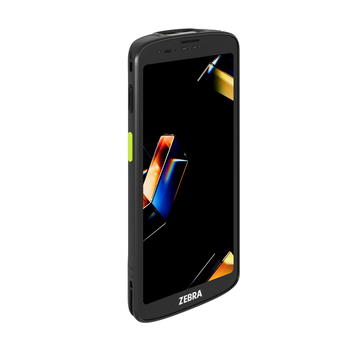 A rugged Zebra TC201 mobile computer, front right, with a bright display showing a colourful abstract wallpaper.