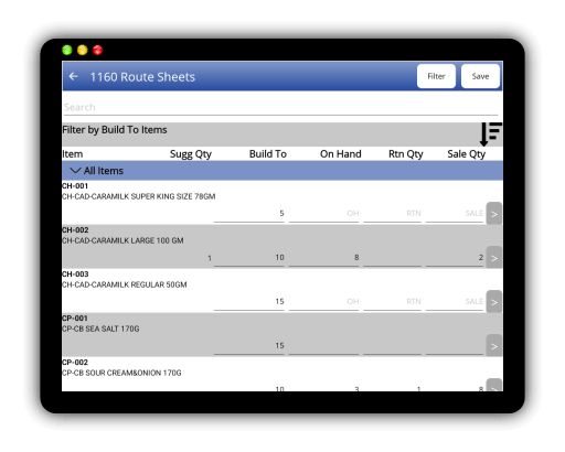 Route Sheet screen displaying built-to item list on a tablet device.
