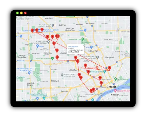 Trip Report map with route marked on a tablet screen