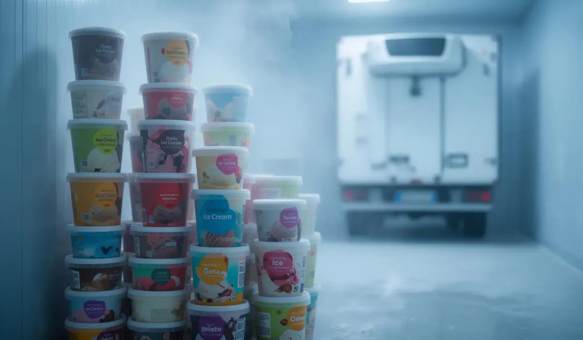 Stack of ice cream containers in a freezer with a truck in the background