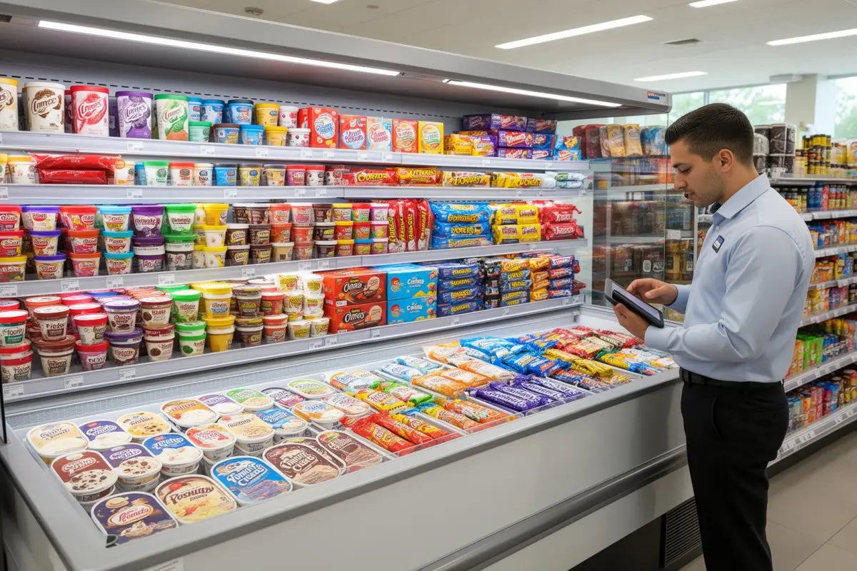 Sales rep checking retail ice cream freezer placement and planogram