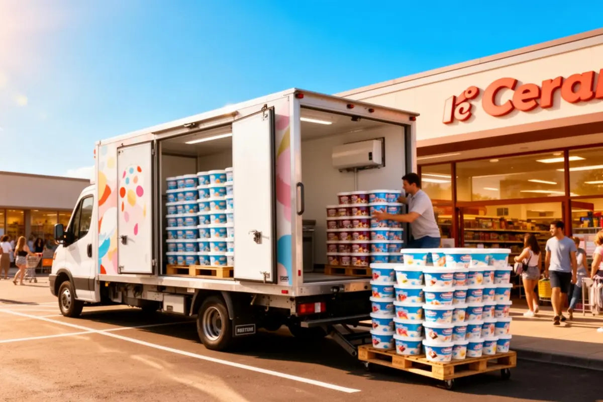 Ice cream delivery truck unloading at a retail store on a sunny summer day