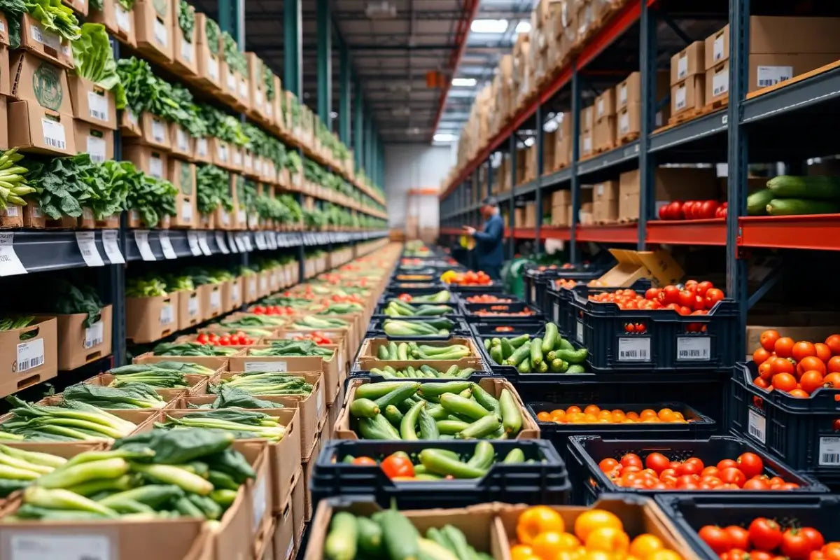 Packed crates of fresh produce on warehouse shelving with barcode labels