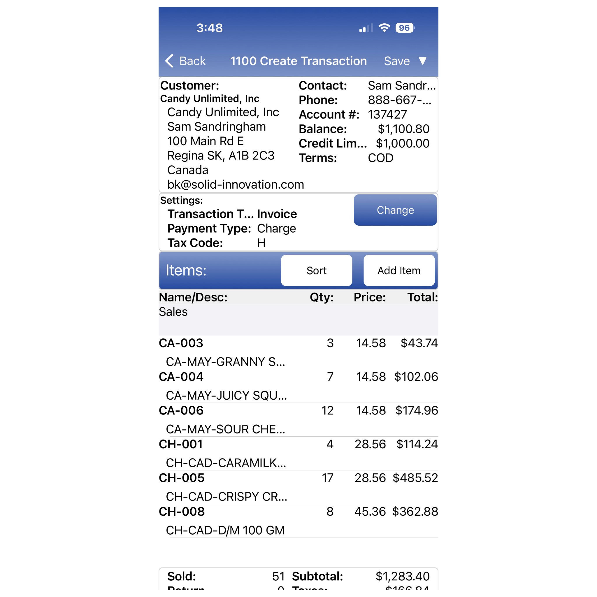 Solid Sales Pro: 1100 Create Transaction Screen