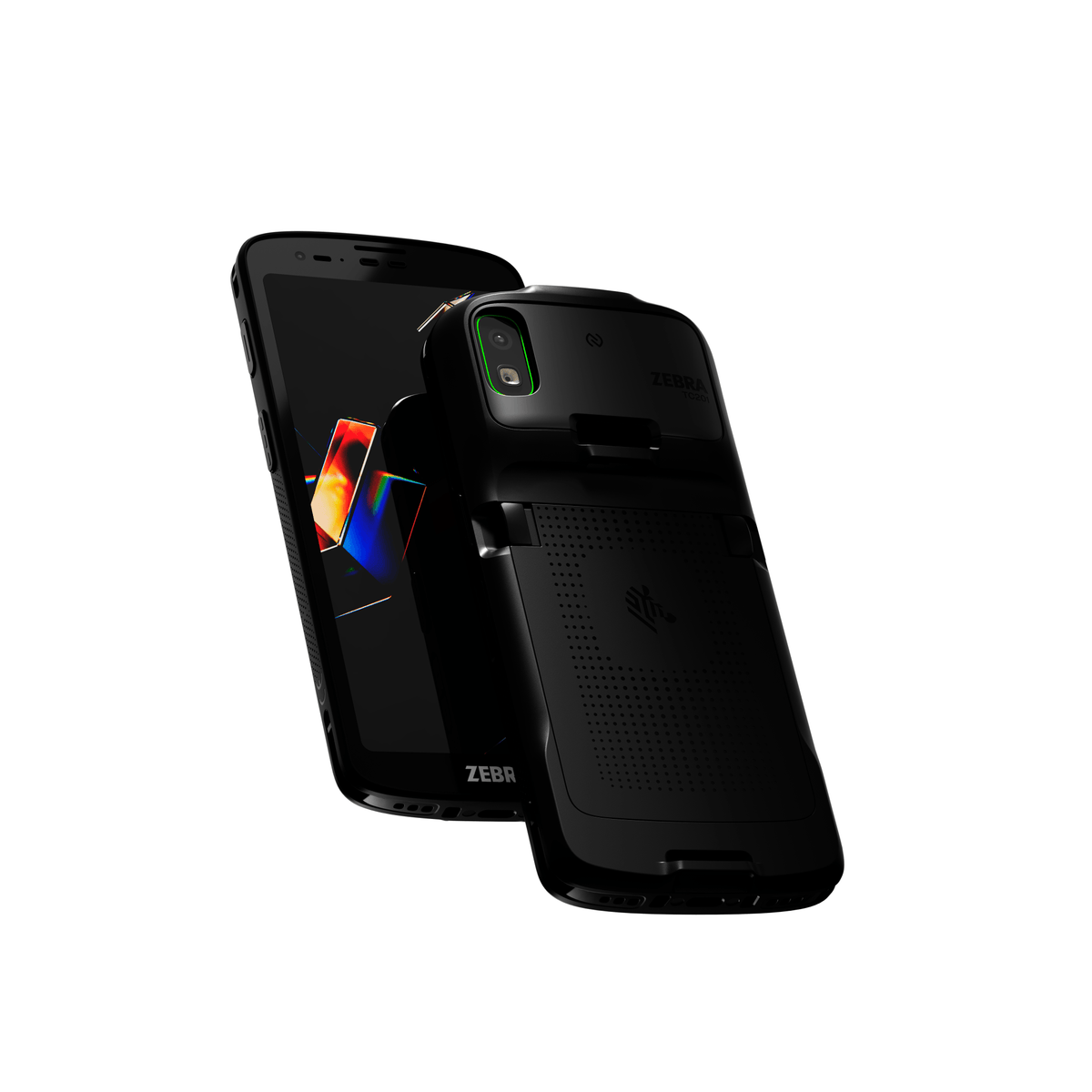 Zebra TC201 rugged smartphone with a built-in battery pack, shown from the front and back.