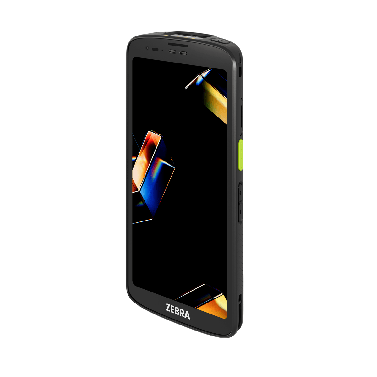 A rugged Zebra TC201 mobile computer, front left, with a bright display showing a colourful abstract wallpaper.