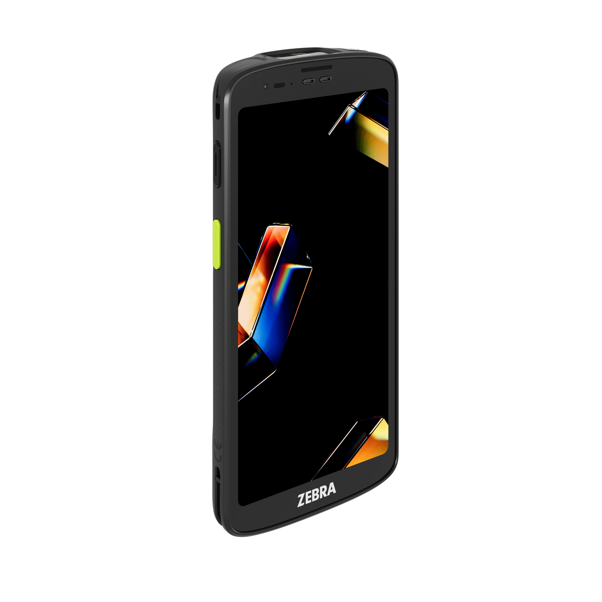 A rugged Zebra TC201 mobile computer, front right, with a bright display showing a colourful abstract wallpaper.